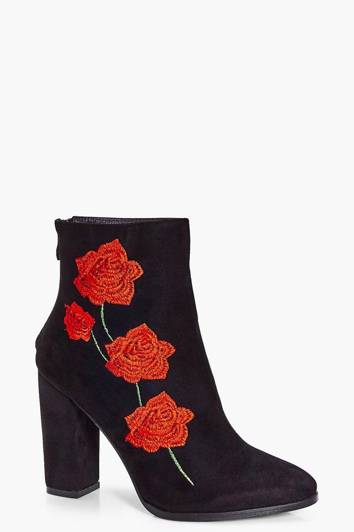 Bella Floral Stitch Block Heel Boot | Boohoo