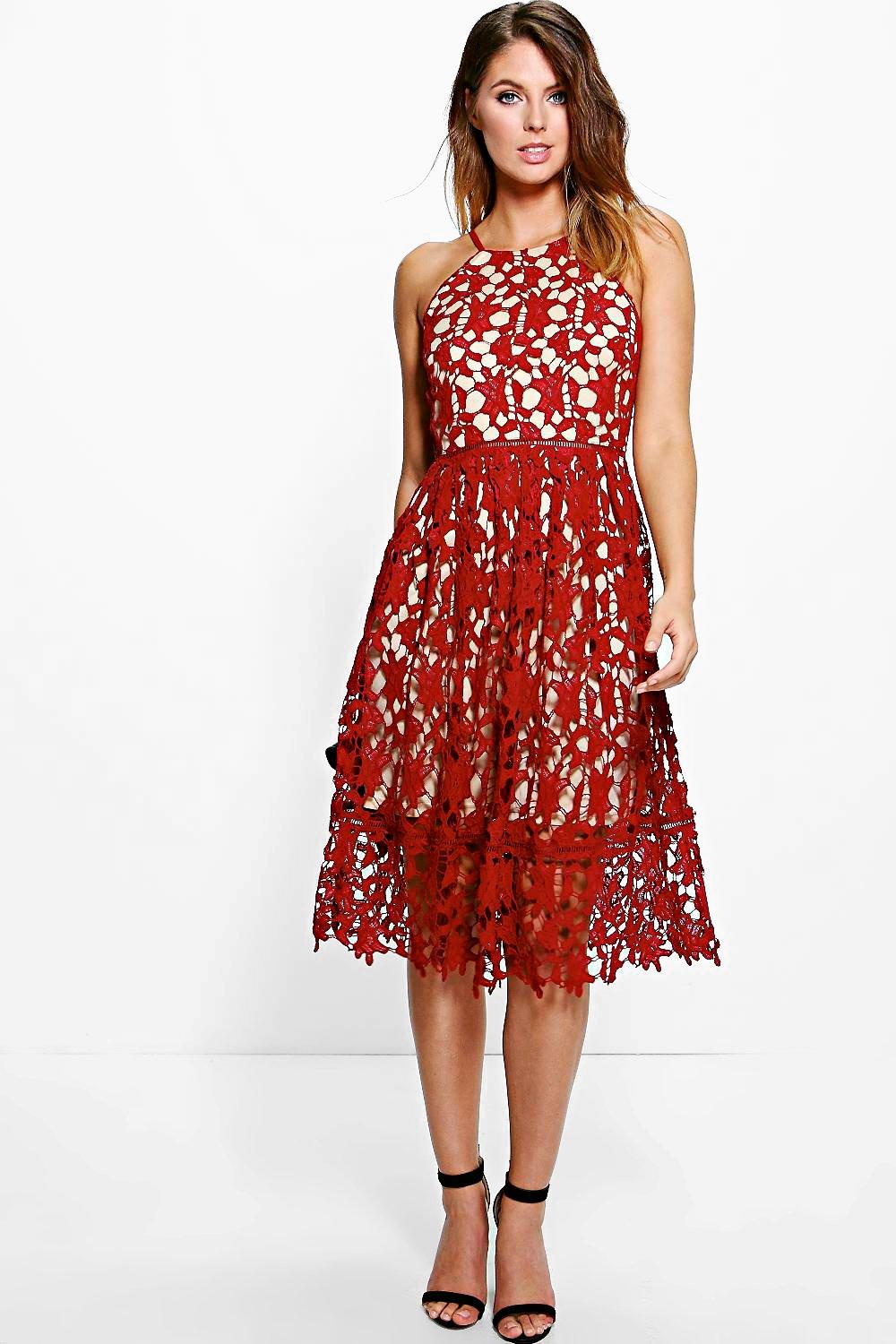 boohoo boutique lace midi skater dress