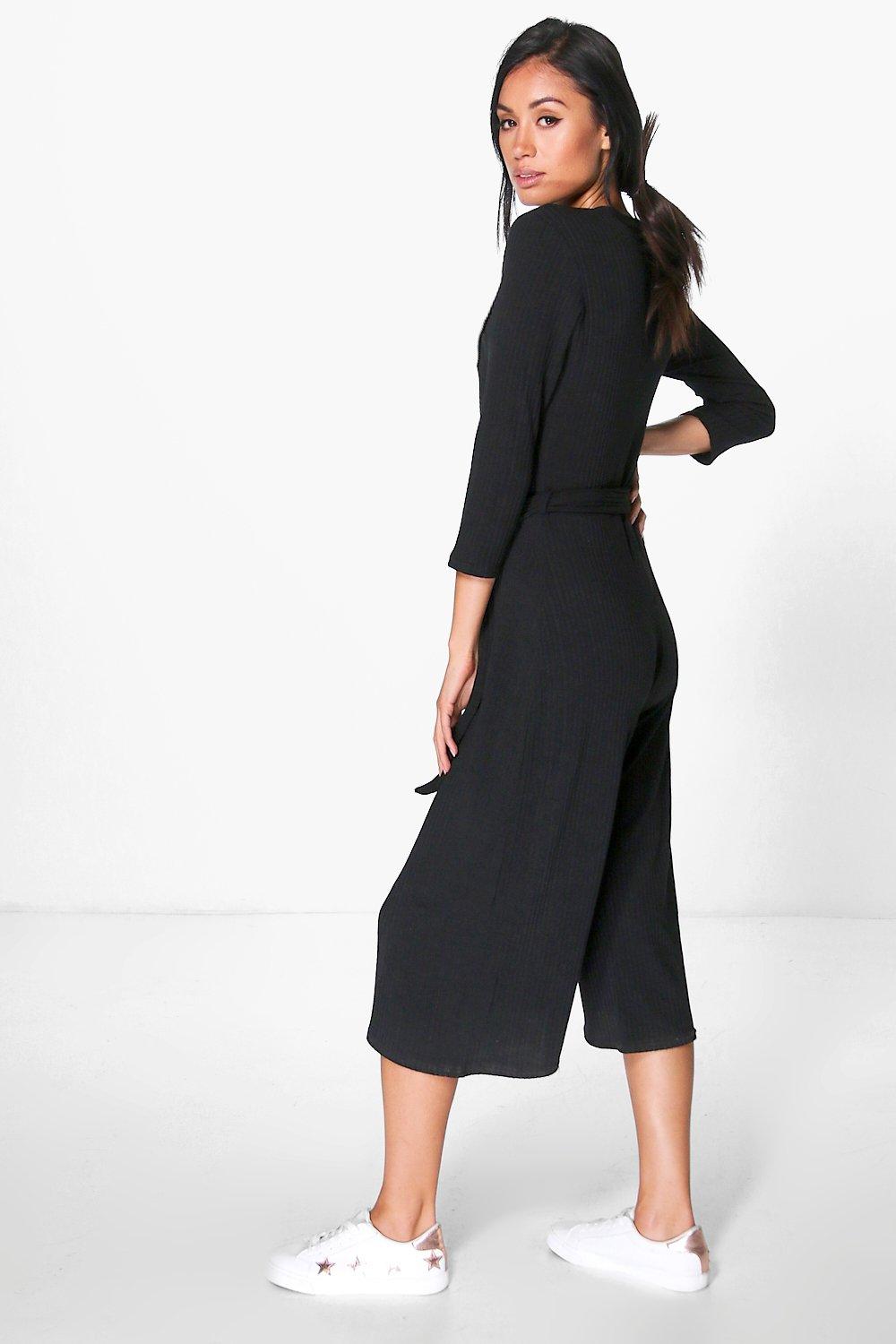 ribbed wrap front culotte jumpsuit