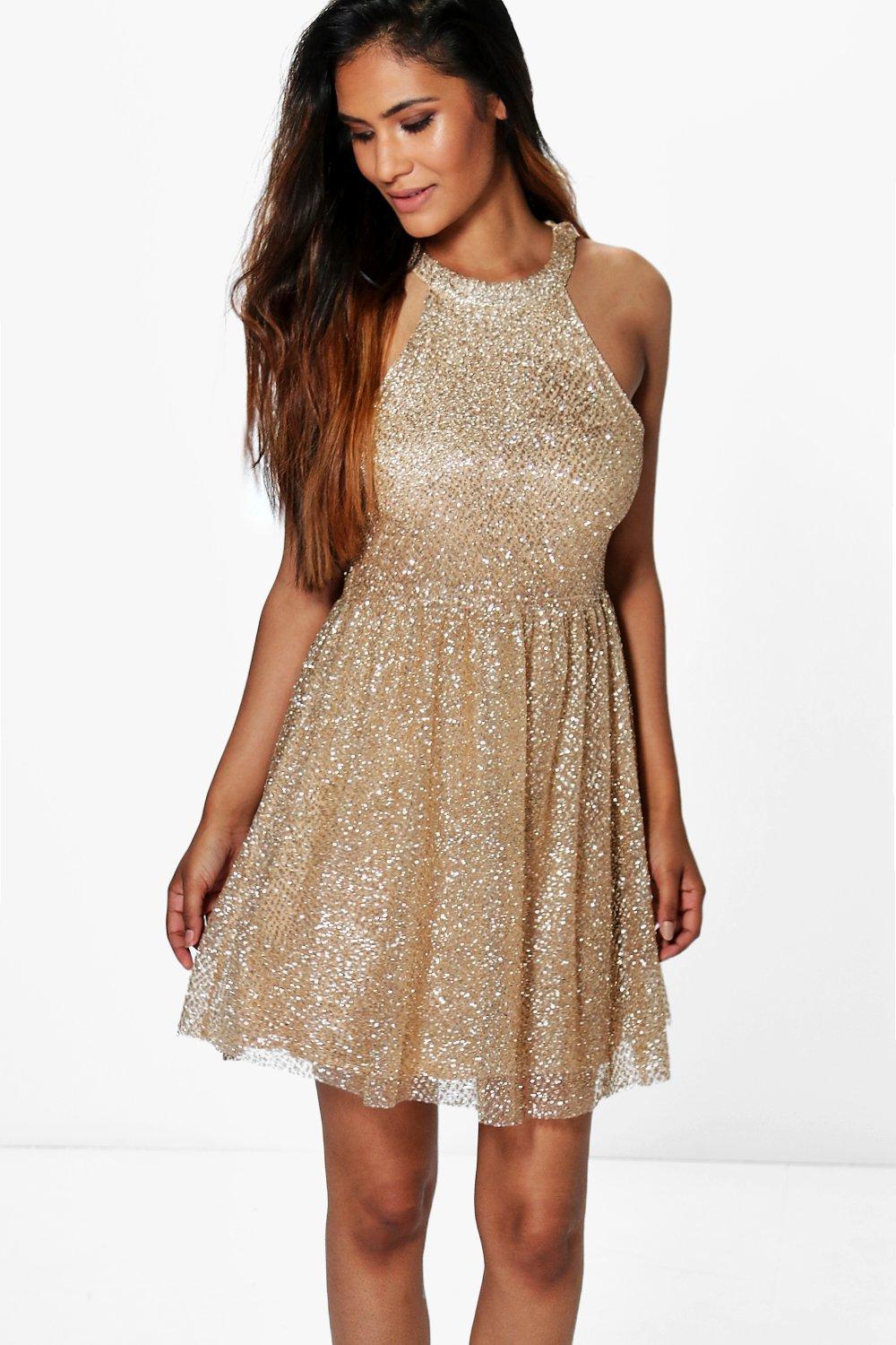 gold skater dress