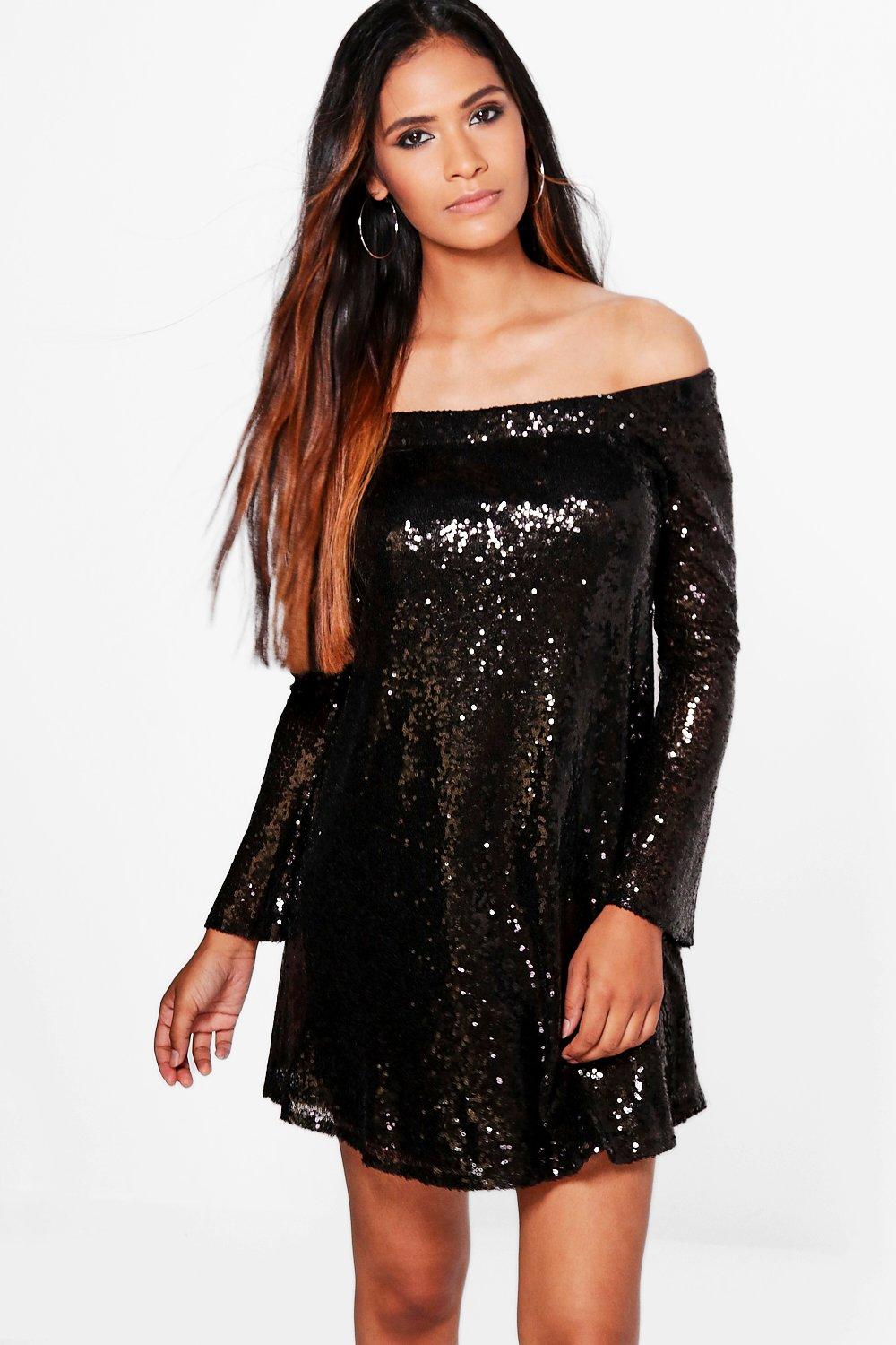 Boutique Li Sequin Off Shoulder Shift Dress | Boohoo