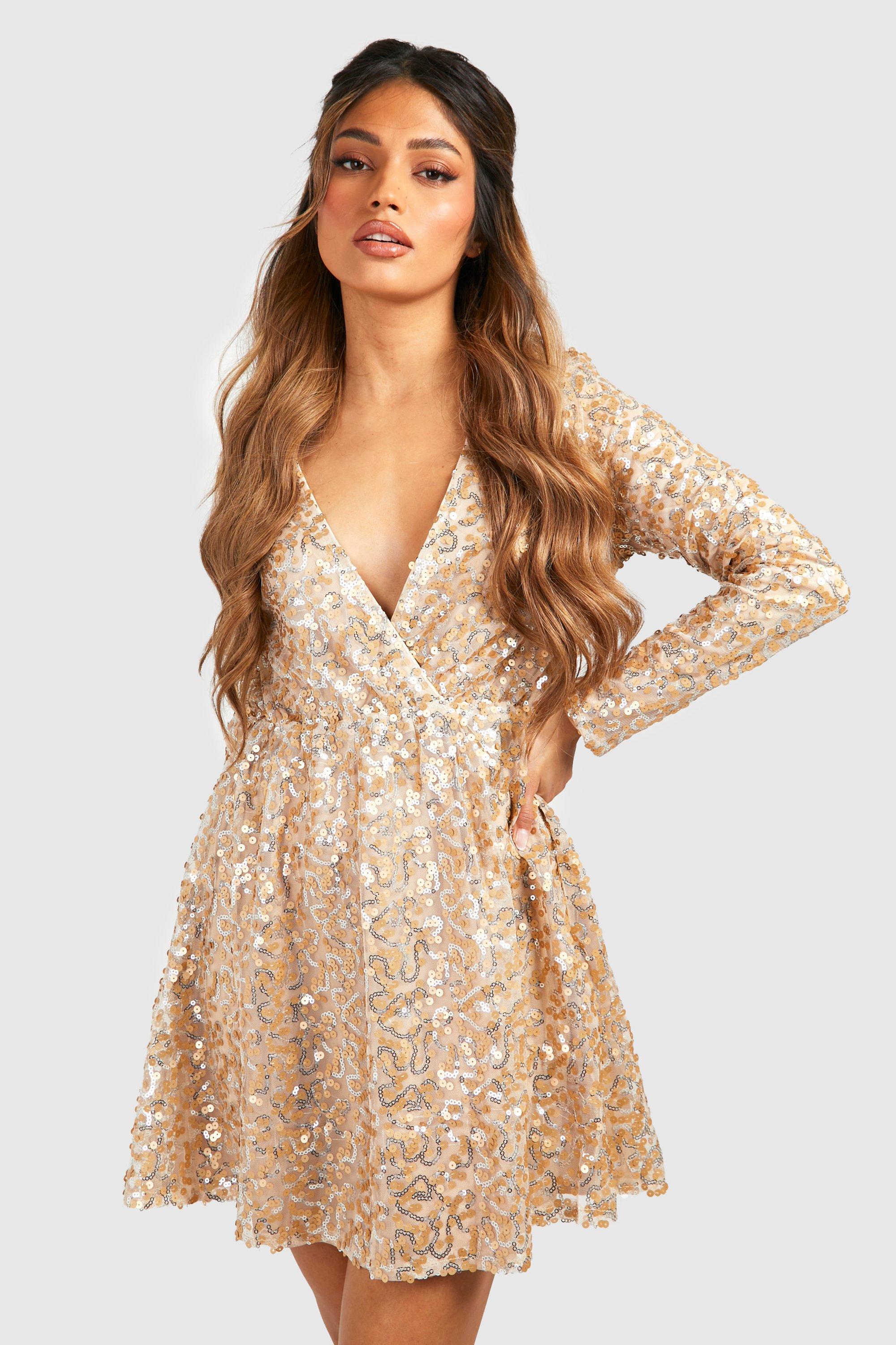 gold sequin dress boohoo