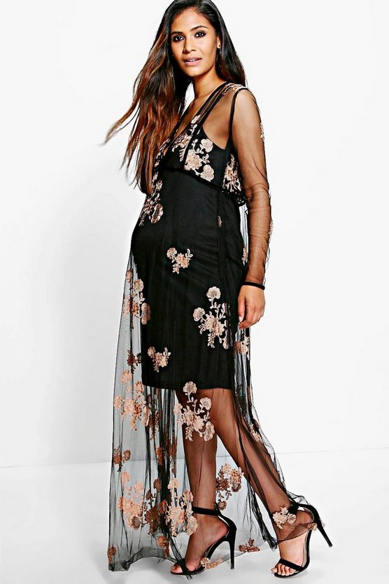 Maternity Sophie Embroidered Mesh Panel Detail Maxi Dress | Boohoo