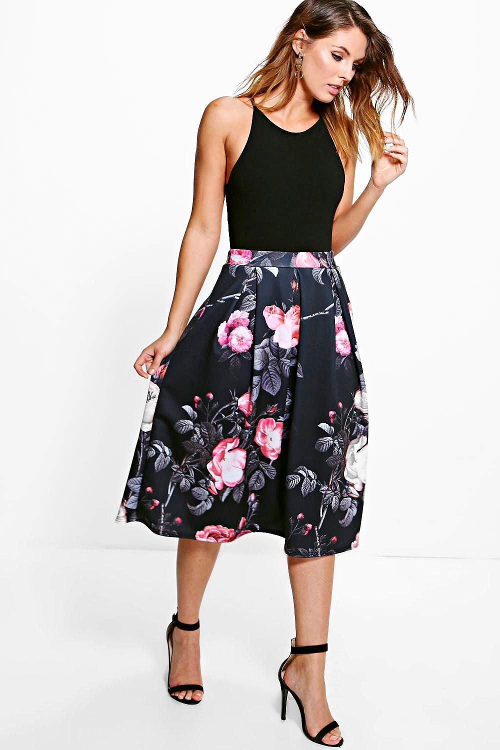 Suki Dark Floral Digital Print Full Midi Skirt | Boohoo