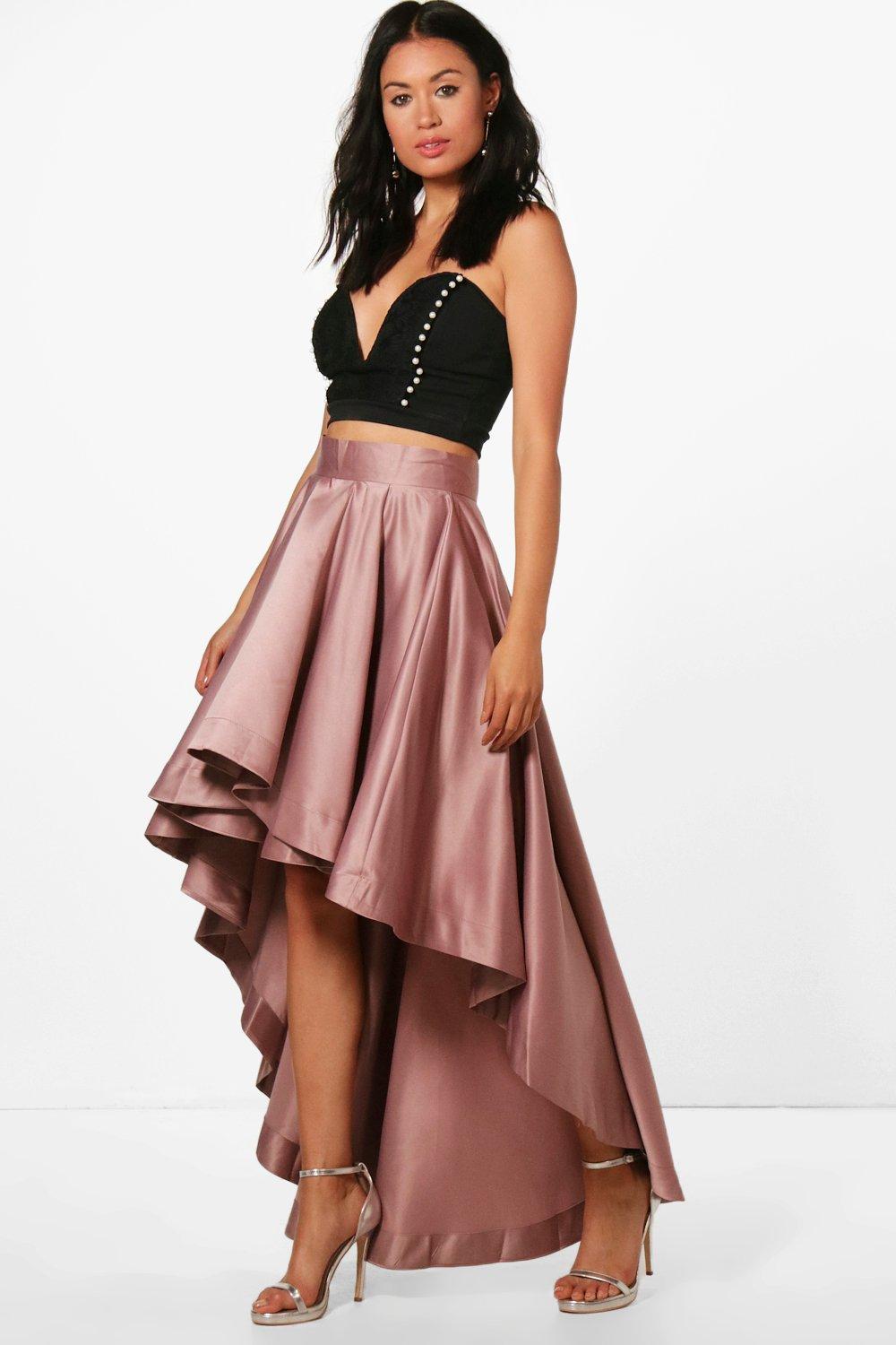 Annia Satin Dipped Hem Full Maxi Skirt | Boohoo