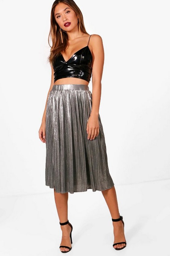 Elva Metallic Pleated Midi Skirt