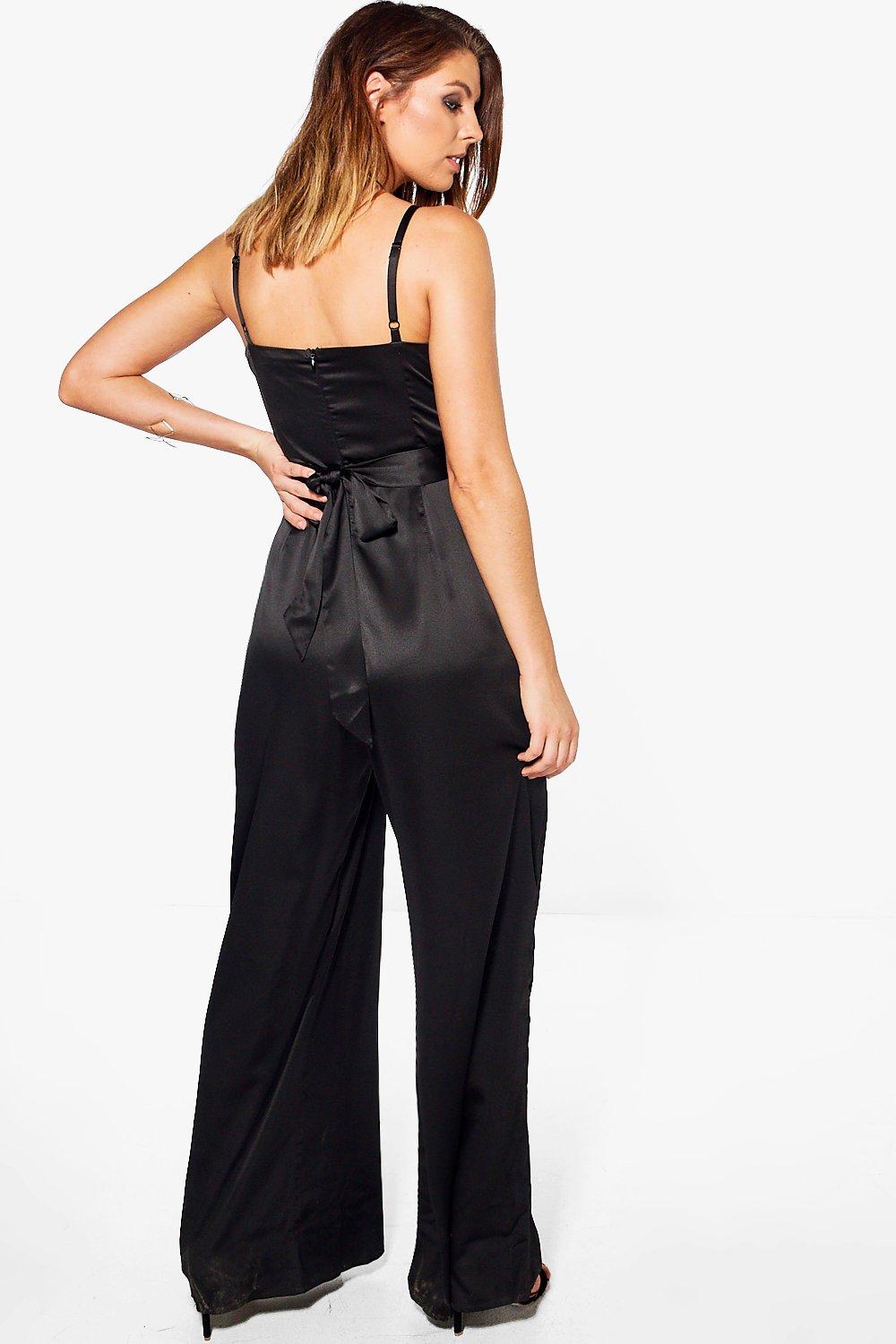 Boohoo Womens Lucy Wrap Front Strappy Satin Jumpsuit | eBay
