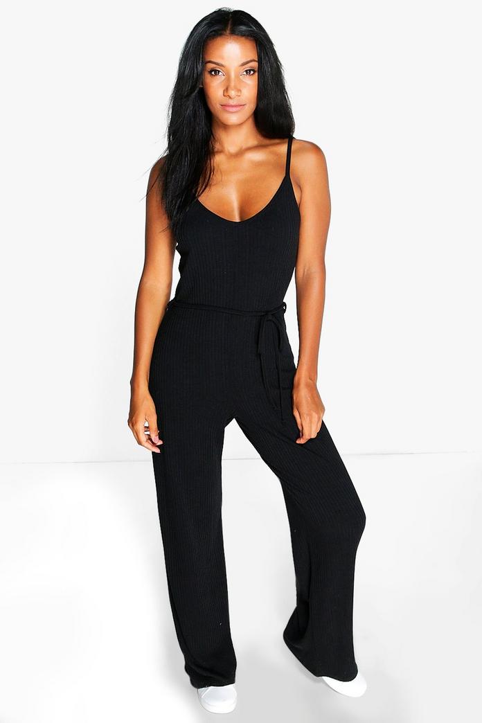 Ellie Ribbed Strappy Wide Leg Jumpsuit | Boohoo