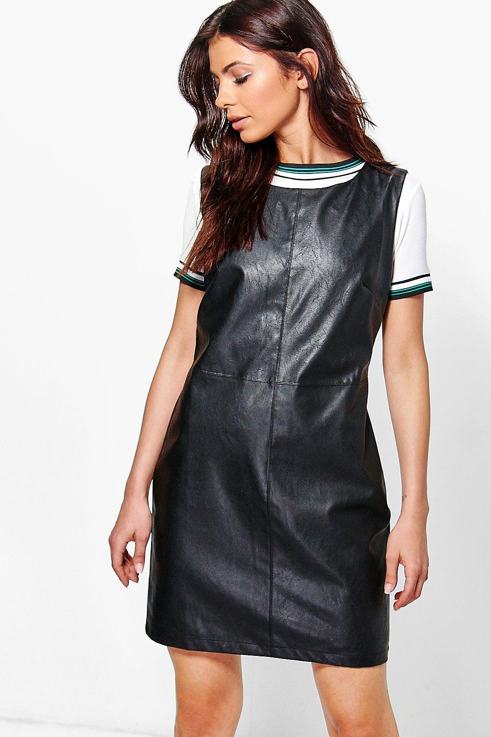 Boohoo Womens Ariela Faux Leather A-Line Pinafore Dress | eBay