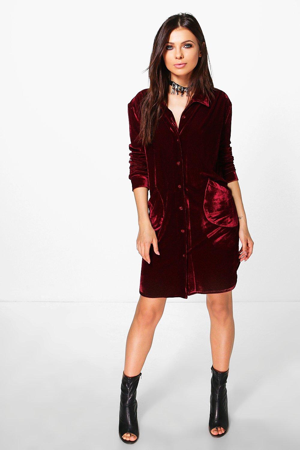 red velvet shirt dress