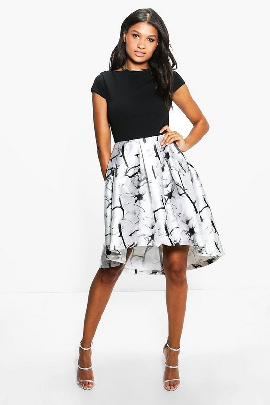 Boutique Jay Sateen Printed Skirt Skater Dress | Boohoo