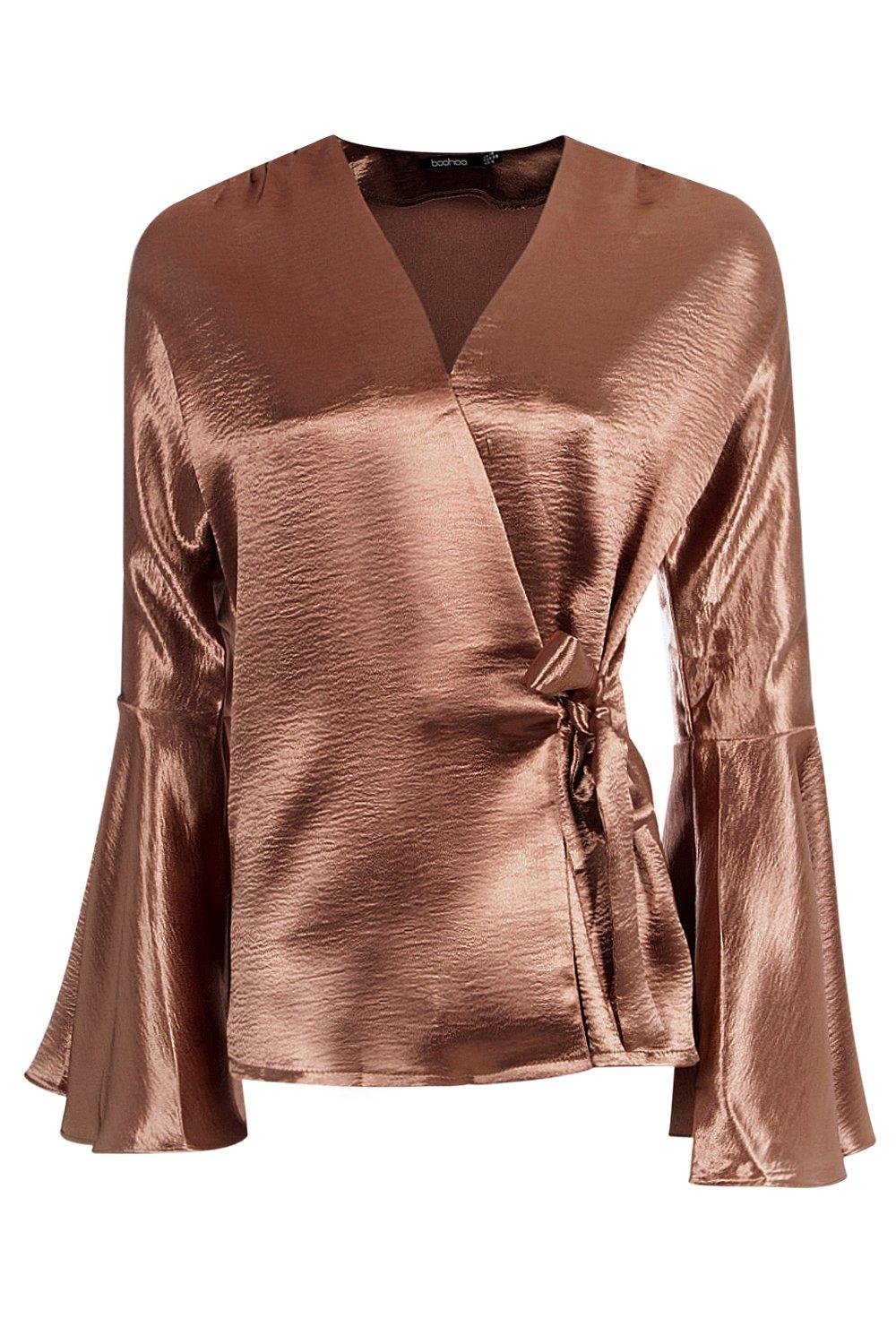 Boohoo Womens Alice Satin Wrap Over Flute Sleeve Blouse