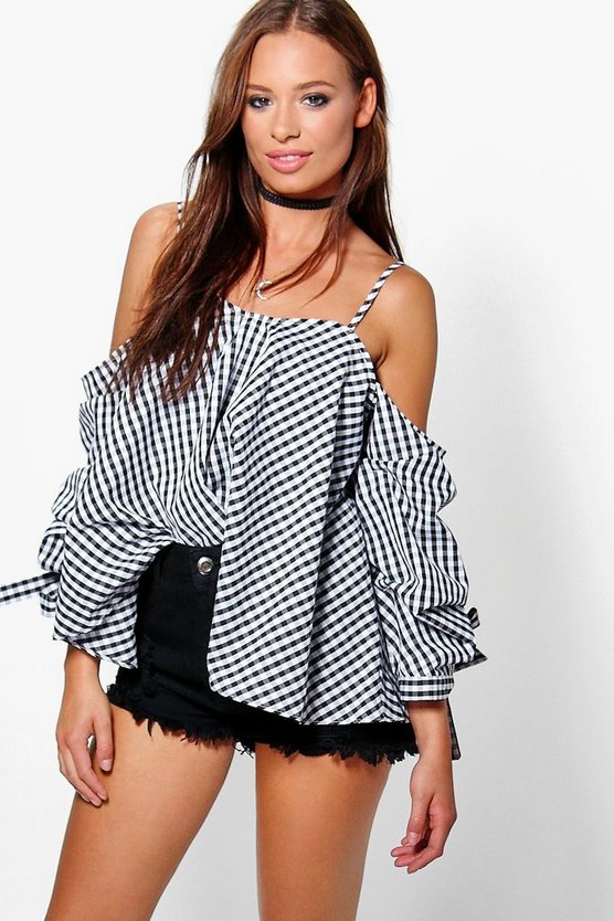 Sally Gingham Cold Shoulder Cotton Top