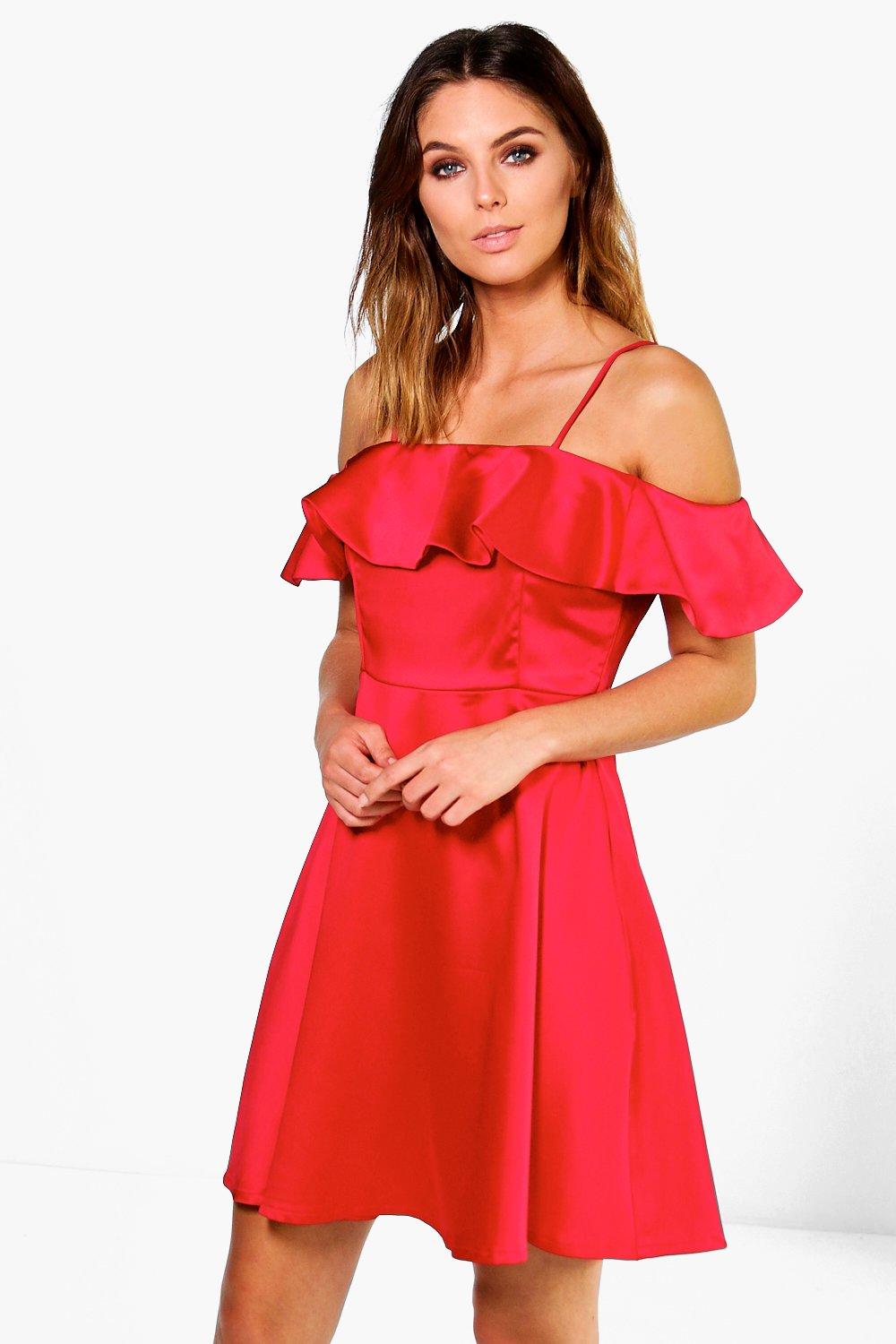 red off the shoulder frill dress