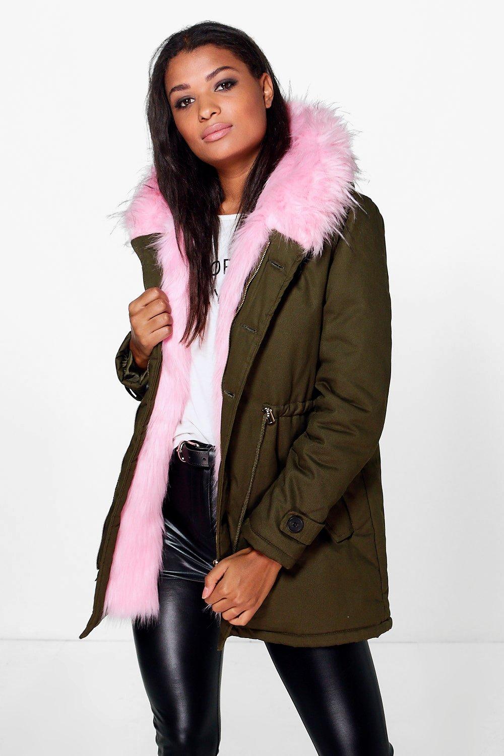 parka with coloured fur hood