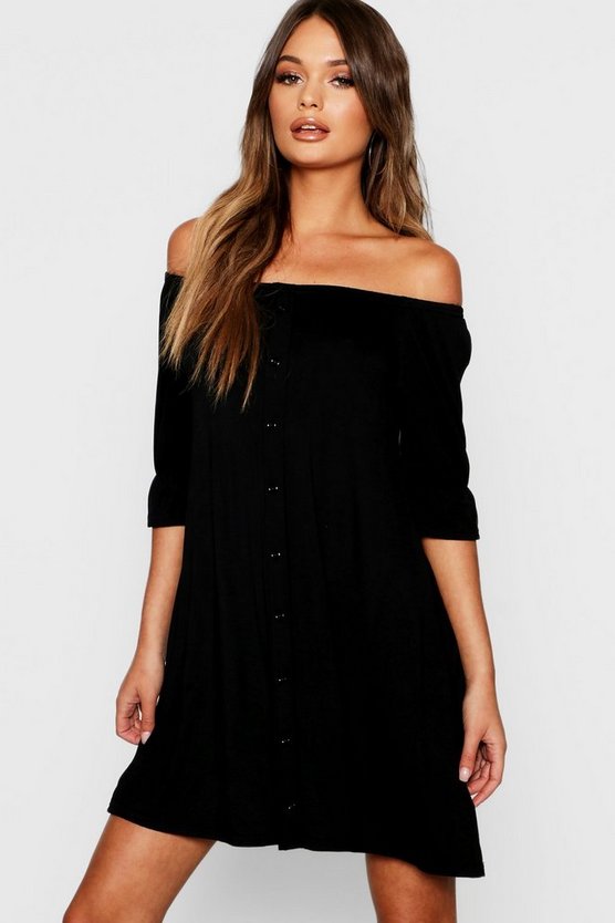 Lily Off The Shoulder Button Shift Dress