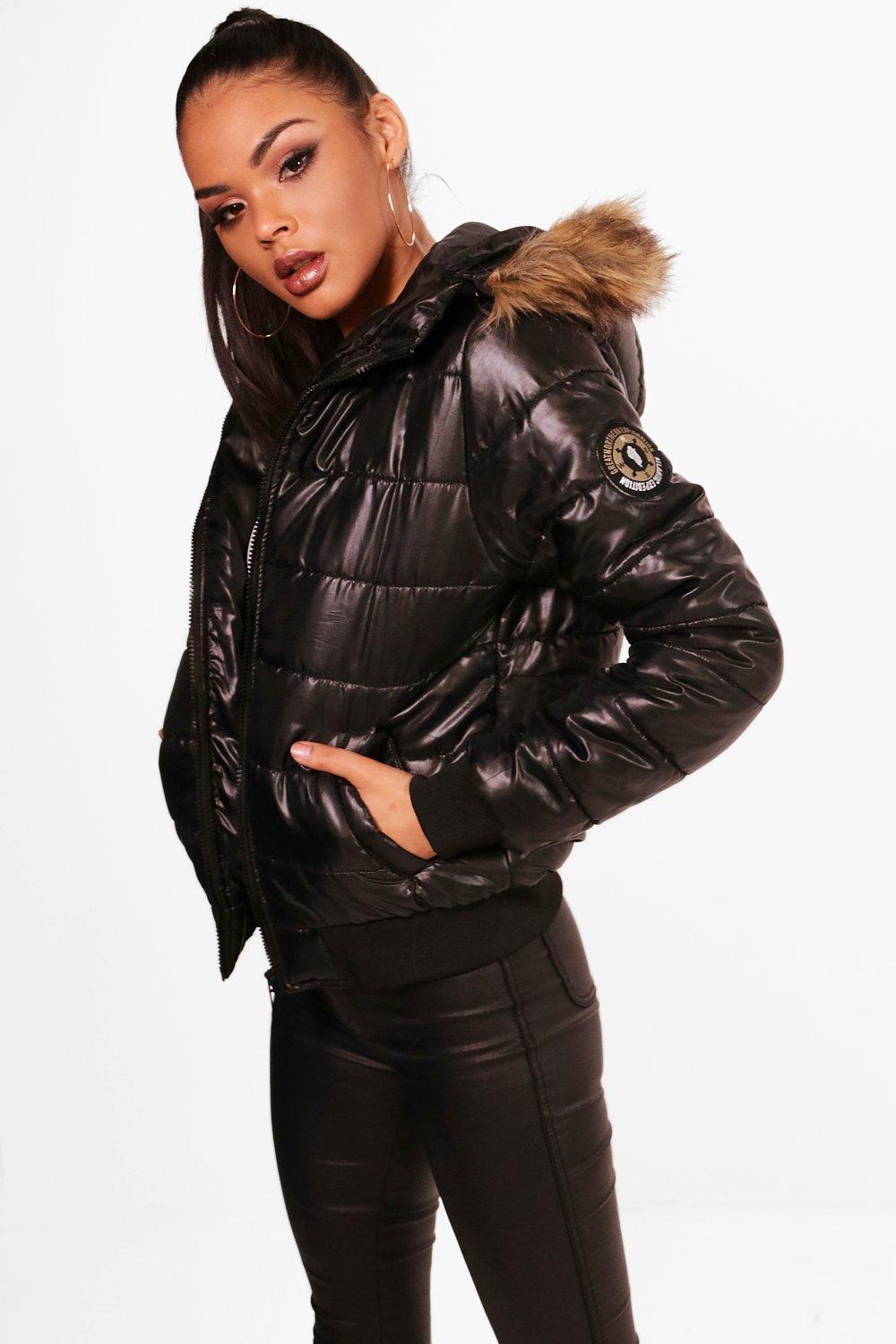 black bubble jacket with fur hood