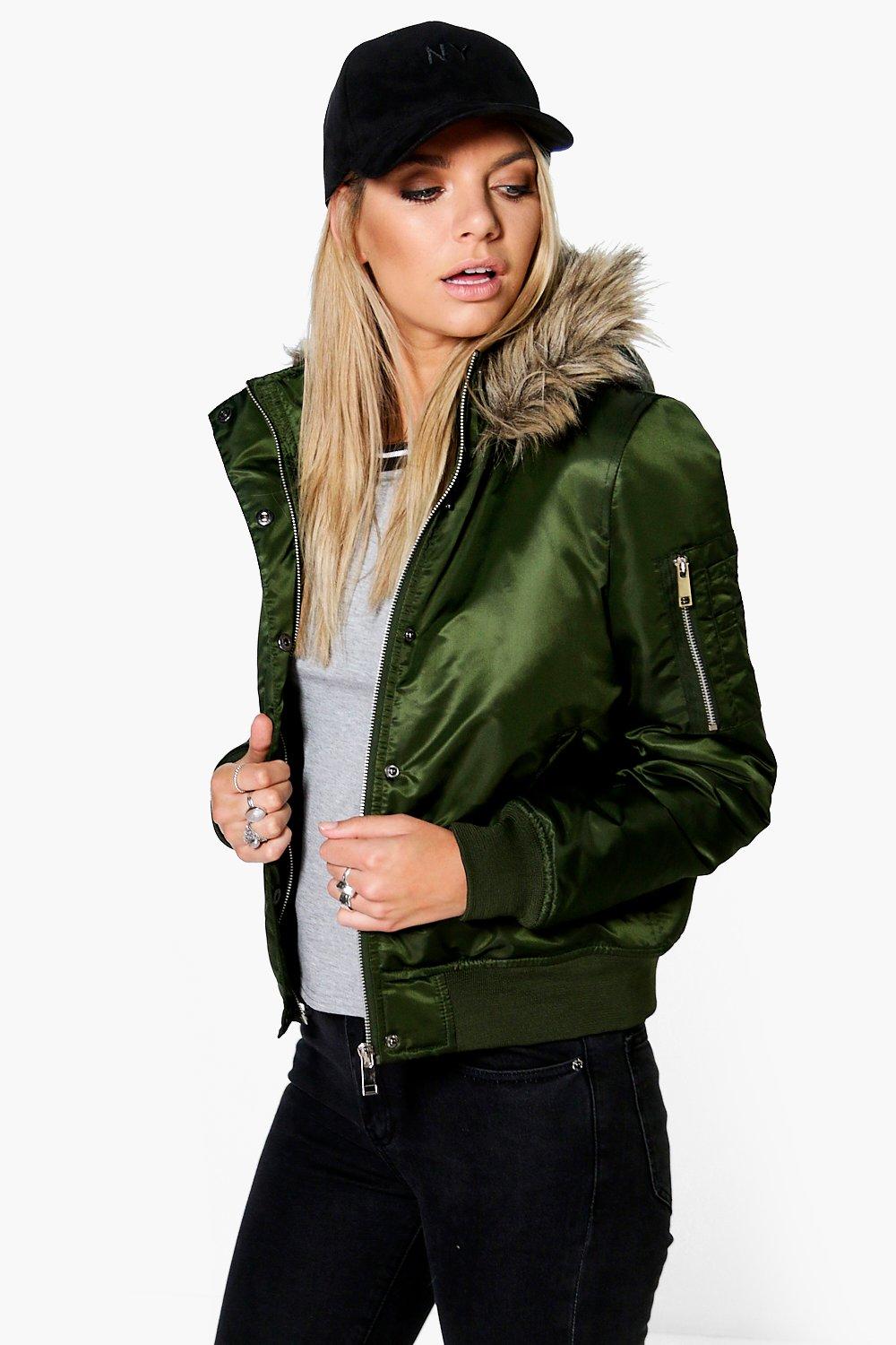 womens bomber jacket with faux fur hood