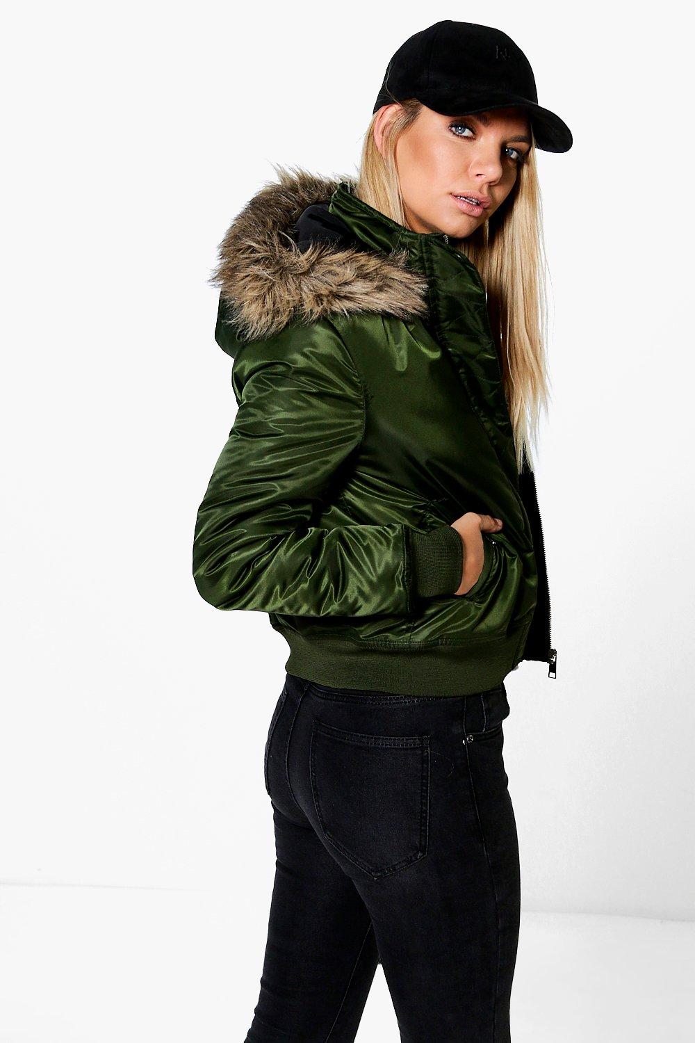 cropped bomber jacket with fur hood