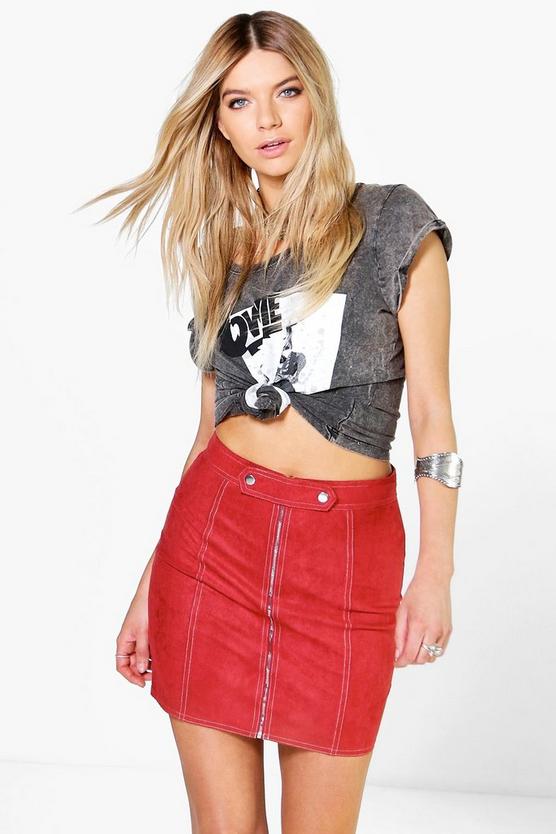 Indi Tab Top Zip Front Suedette A Line Mini Skirt