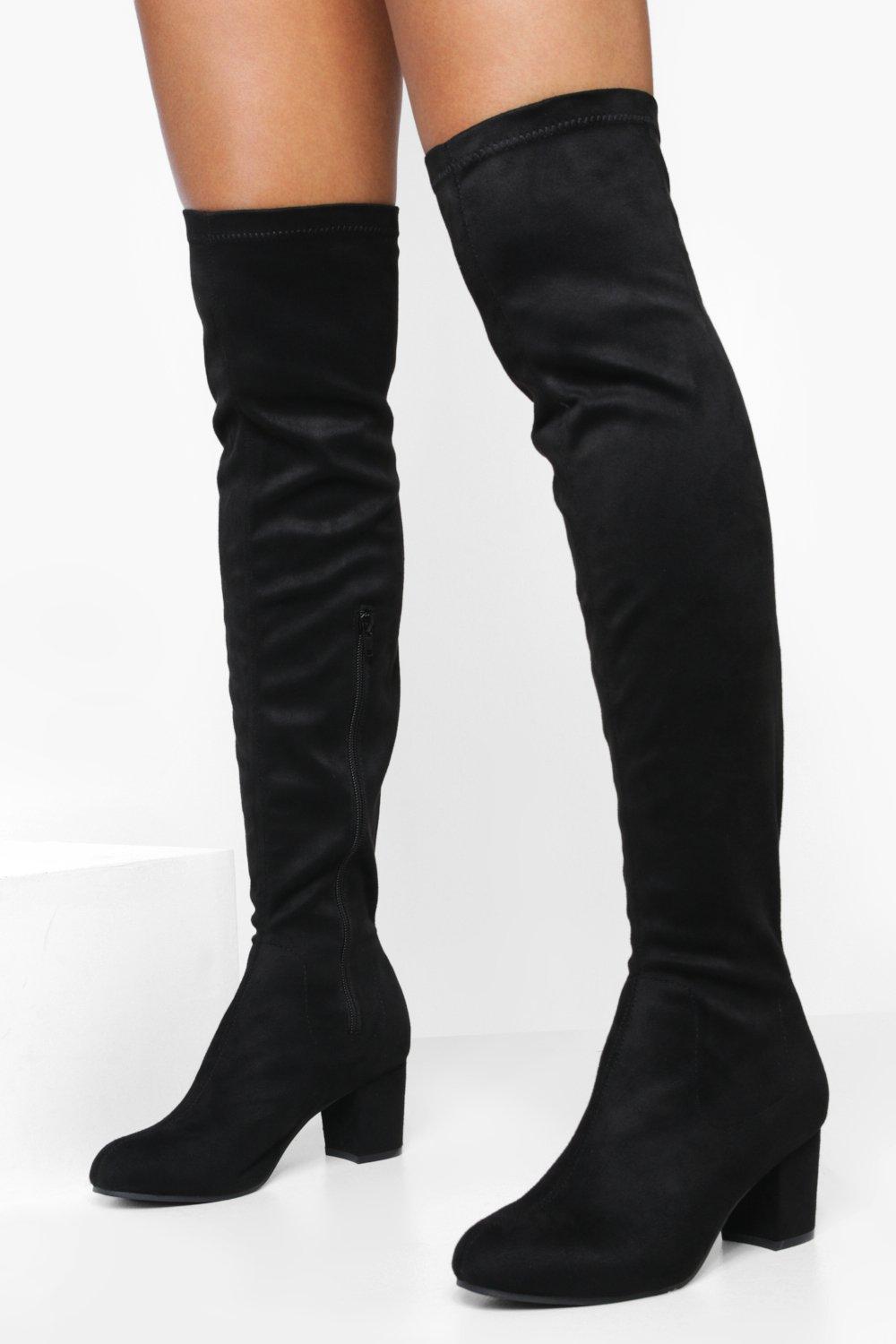 Block Heel Stretch Knee High Boots | boohoo