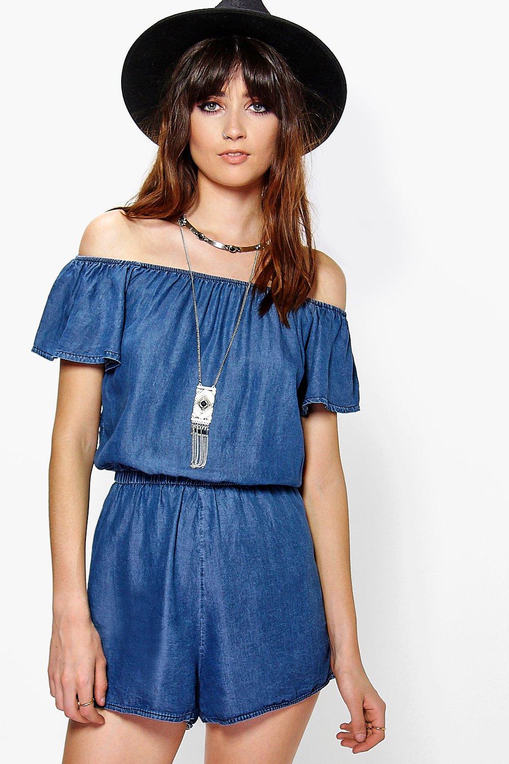 off the shoulder denim playsuit