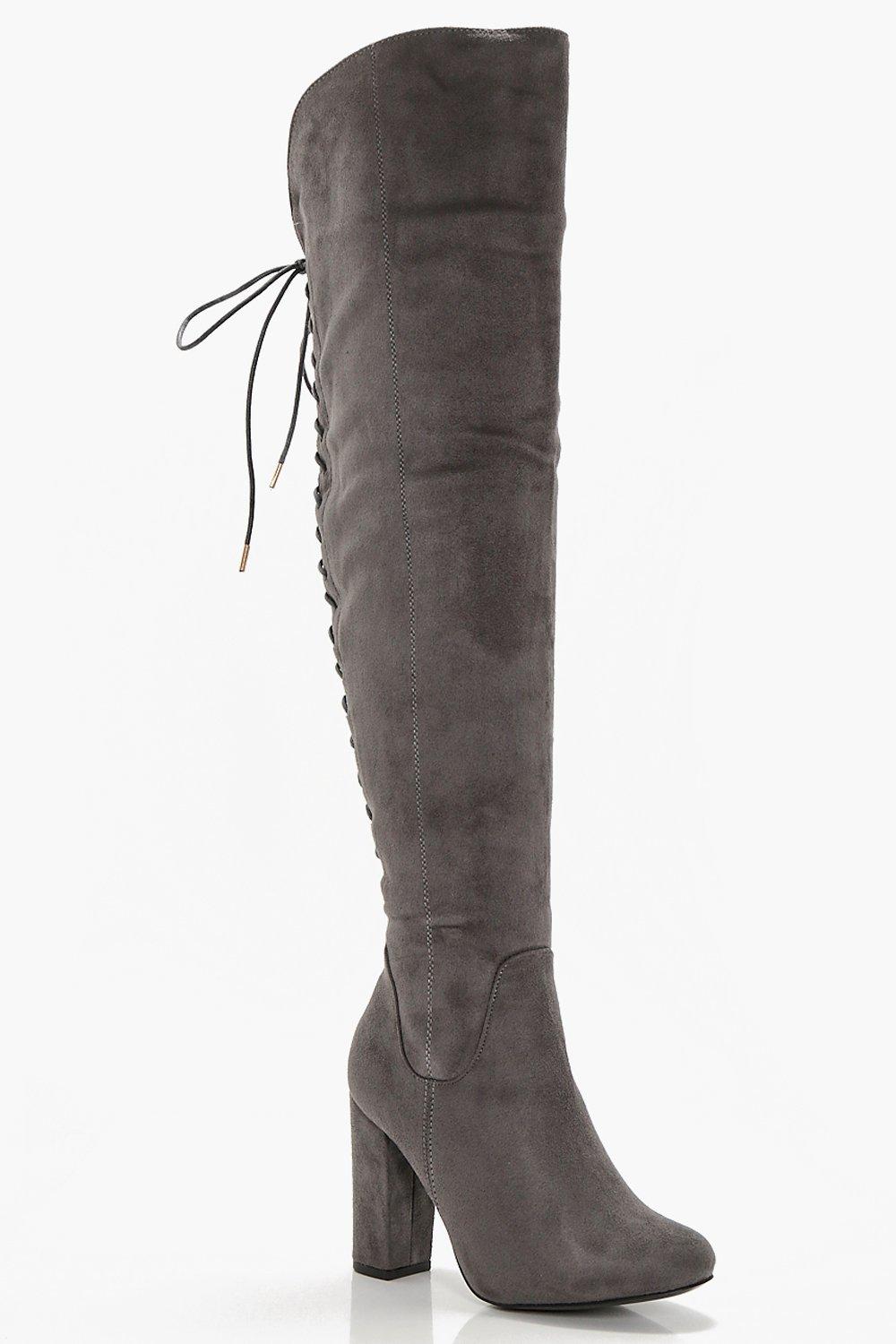 lace back block heel over the knee boots