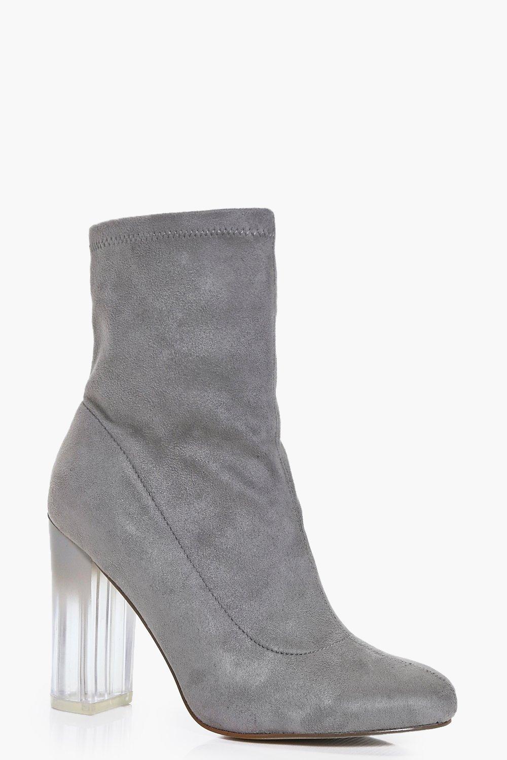 black ankle boots with clear heel