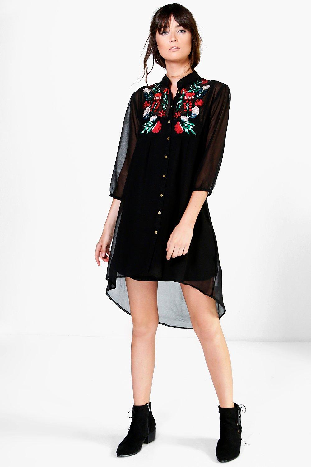 black embroidered shirt dress