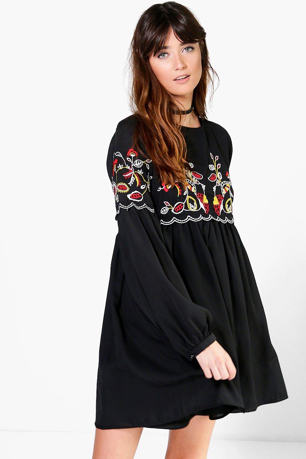 black embroidered smock dress