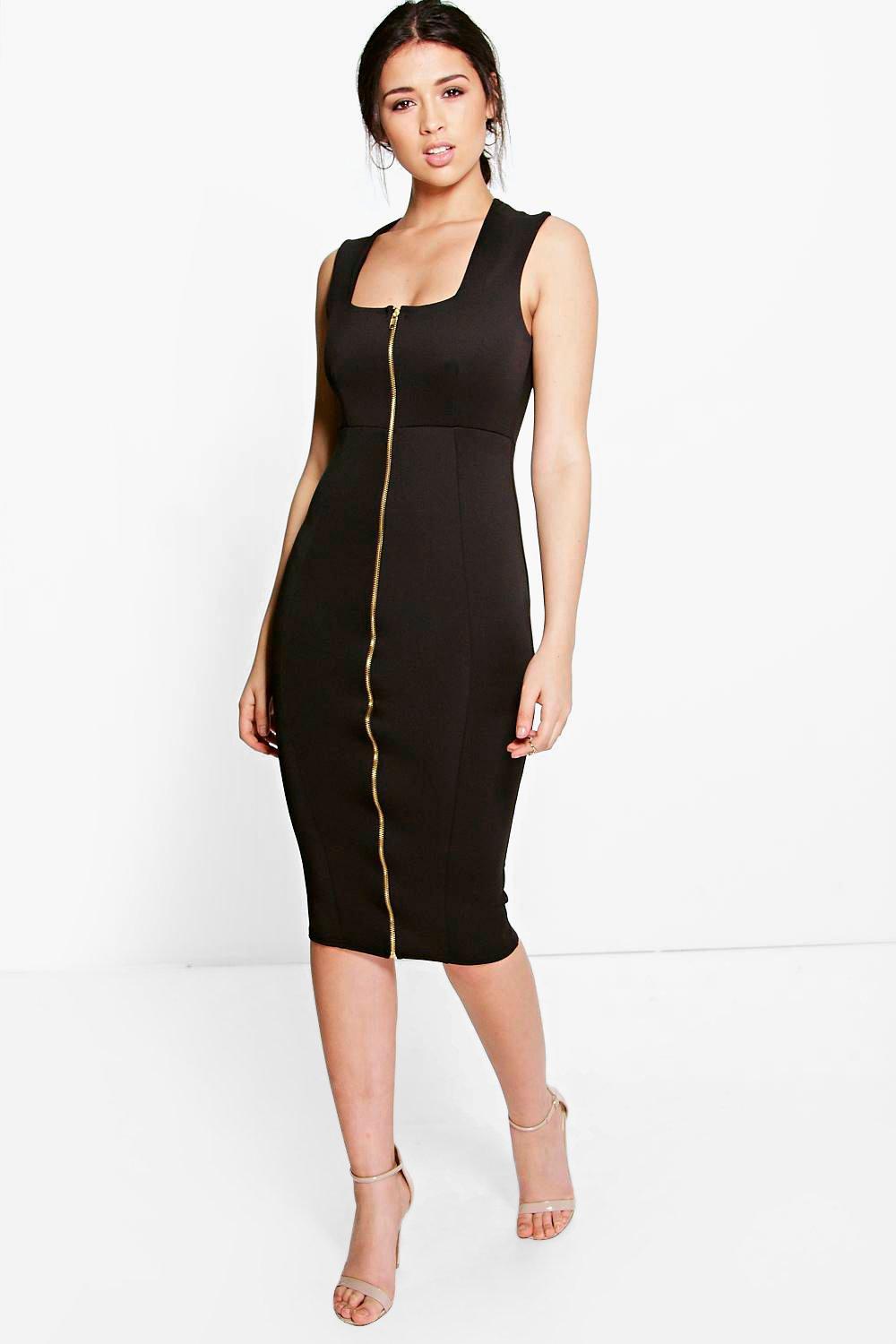 Sonia Square Neck Zip Front Bodycon Dress | Boohoo