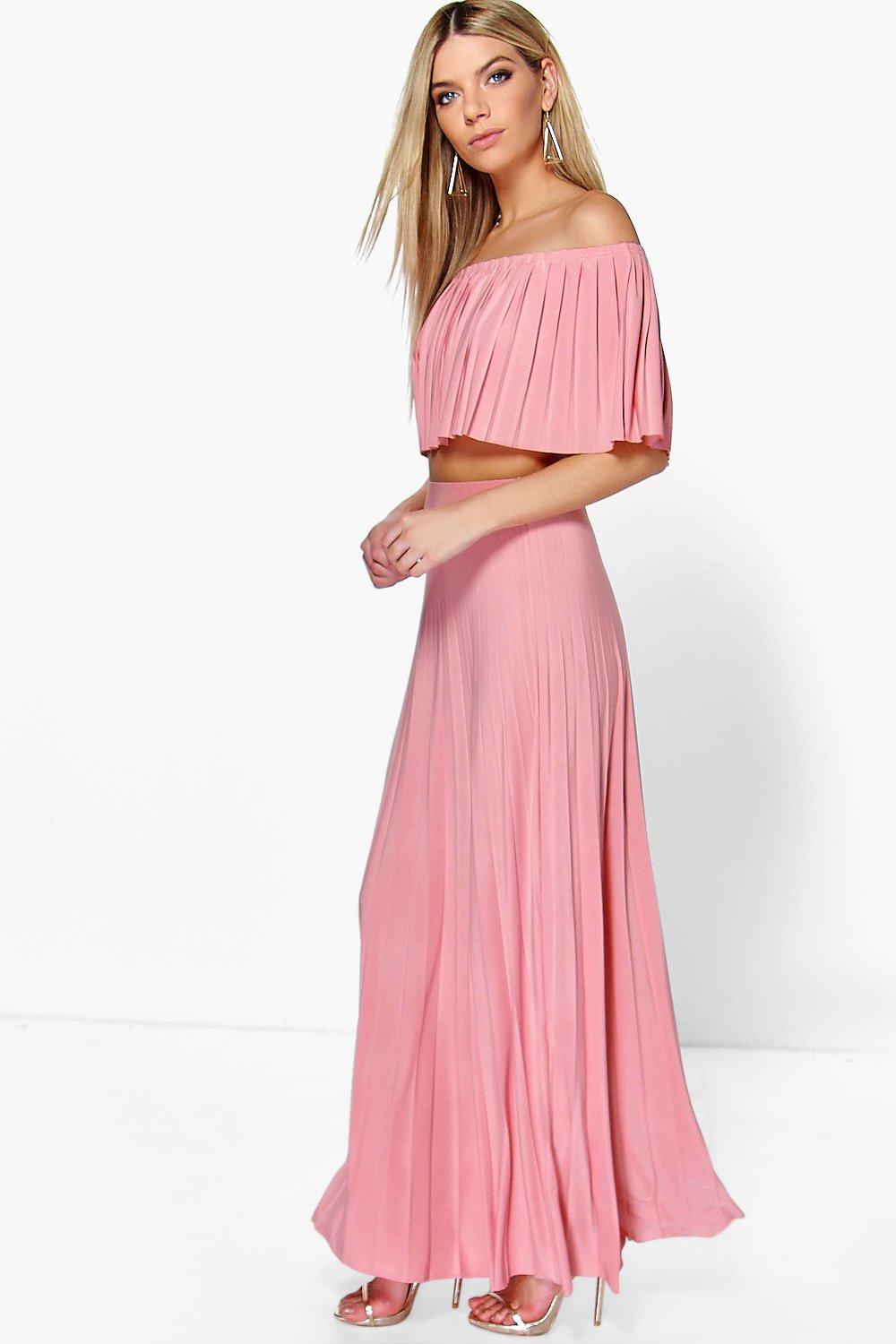 pleated off the shoulder maxi dress