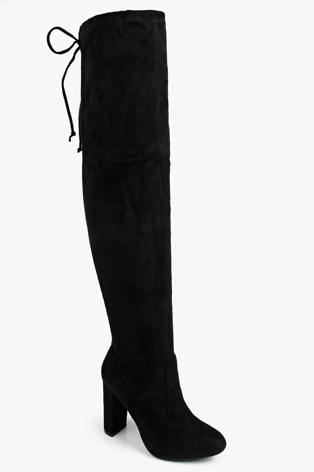 lace back block heel over the knee boots