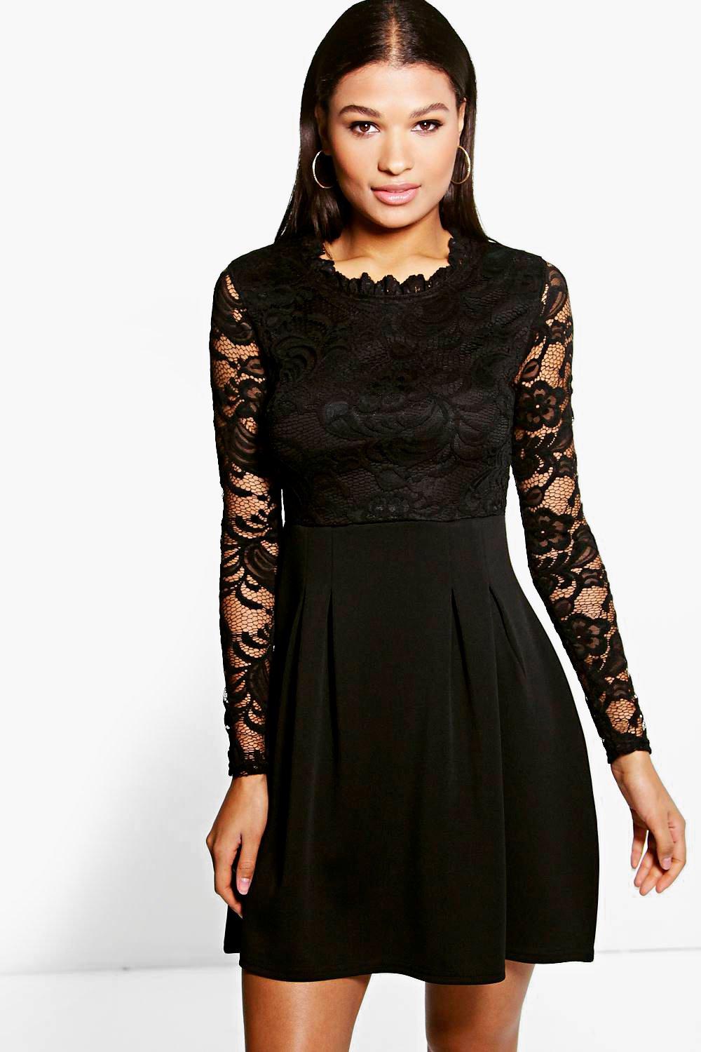 black lace skater dress with sleeves