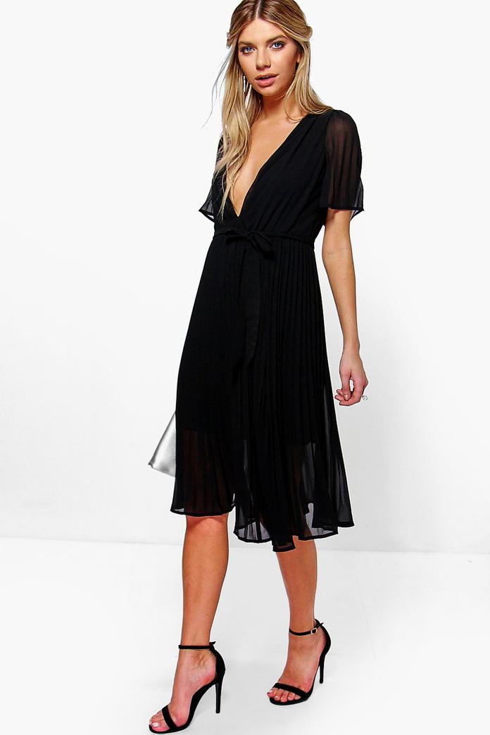 Boutique Erity Pleated Plunge Neck Midi Dress | Boohoo