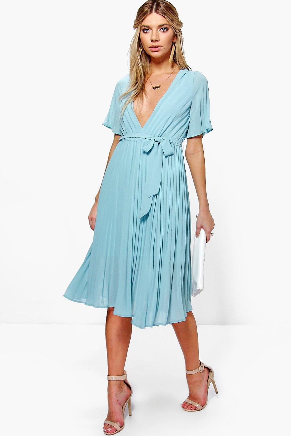 Boohoo Womens Boutique Erity Pleated Plunge Neck Midi Dress | eBay