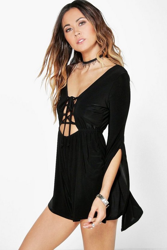 Edna Lace Up Front Exaggerated Sleeve Playsuit