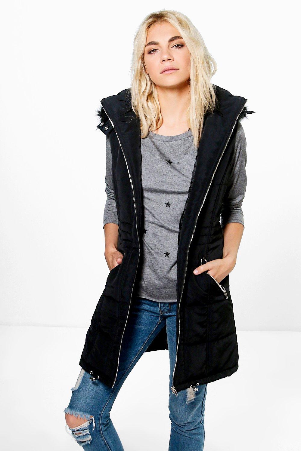 black faux fur trim hooded longline padded coat