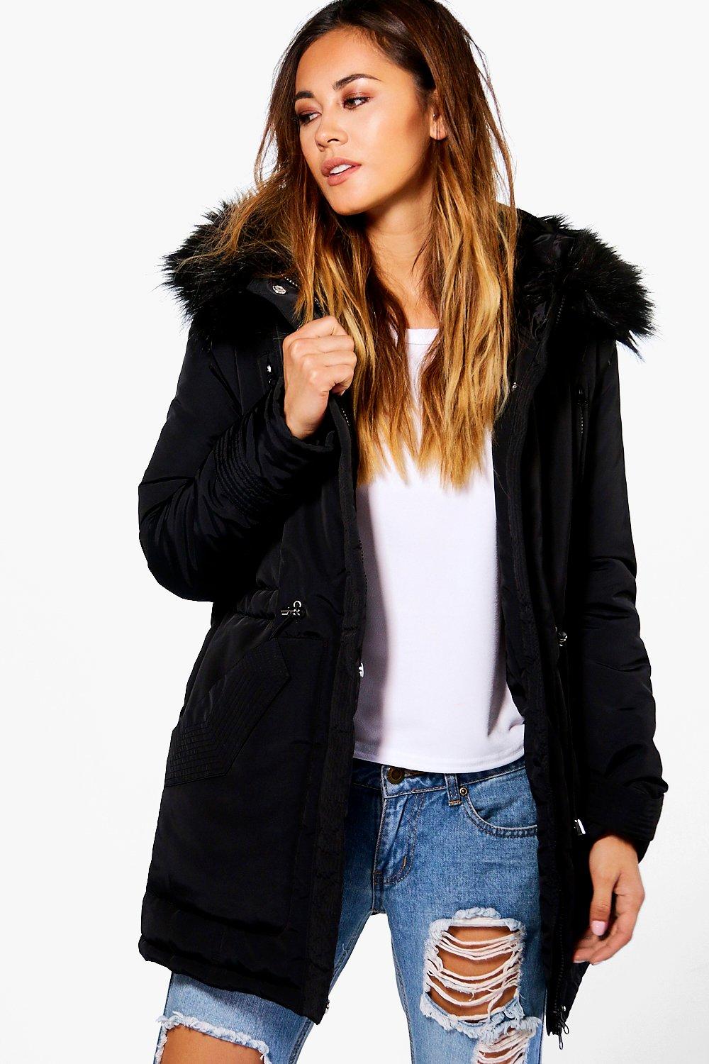 black padded coat with black fur hood