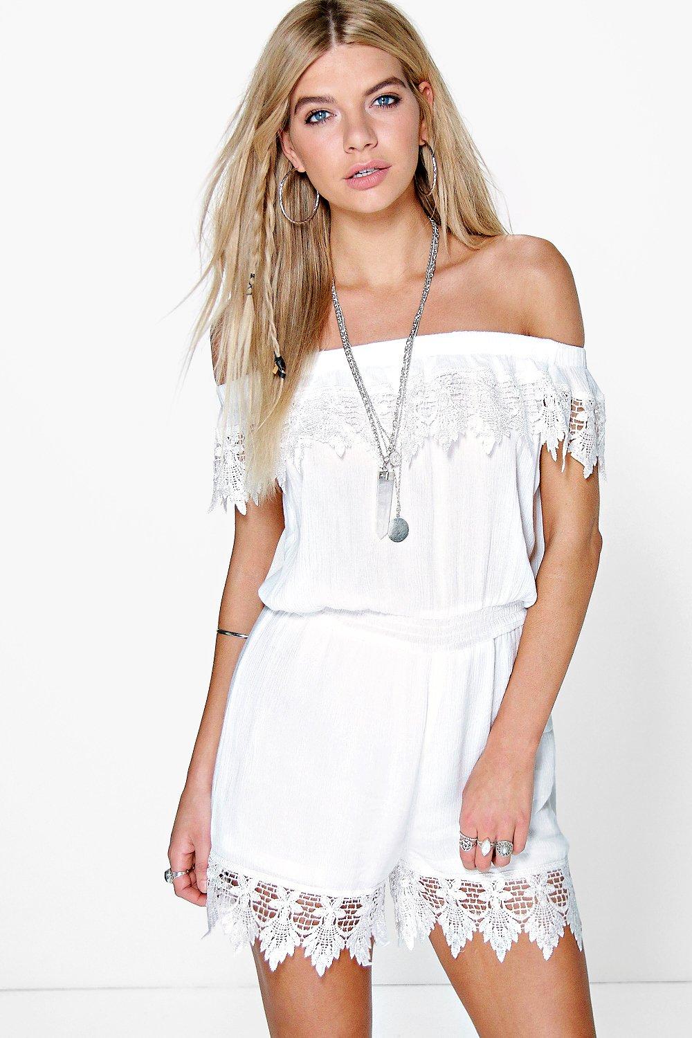 Sally Off The Shoulder Crochet Playsuit at boohoo.com