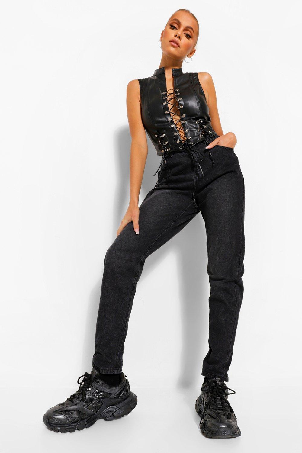 Boohoo High Rise Mid Wash Mom Jeans, Washed Black