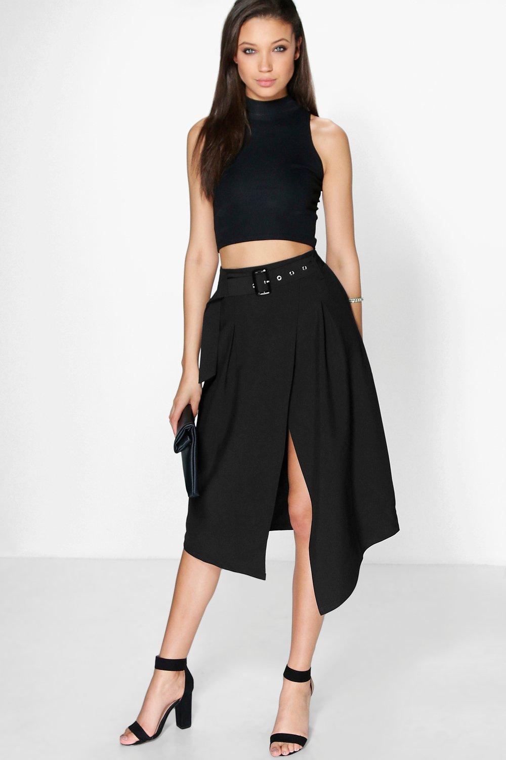 Avah Belted Asymetric Midi Skirt at boohoo.com