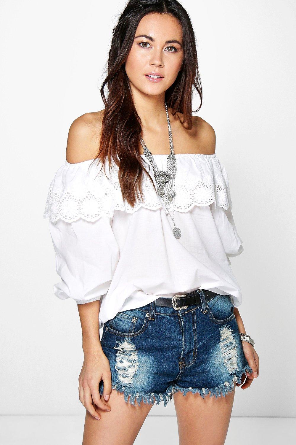 Amy Cotton Embroidered Off The Shoulder Top | Boohoo