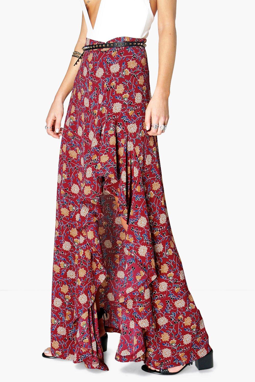 Boohoo Womens Avalon Ruffle Side Bohemian Maxi Skirt | eBay