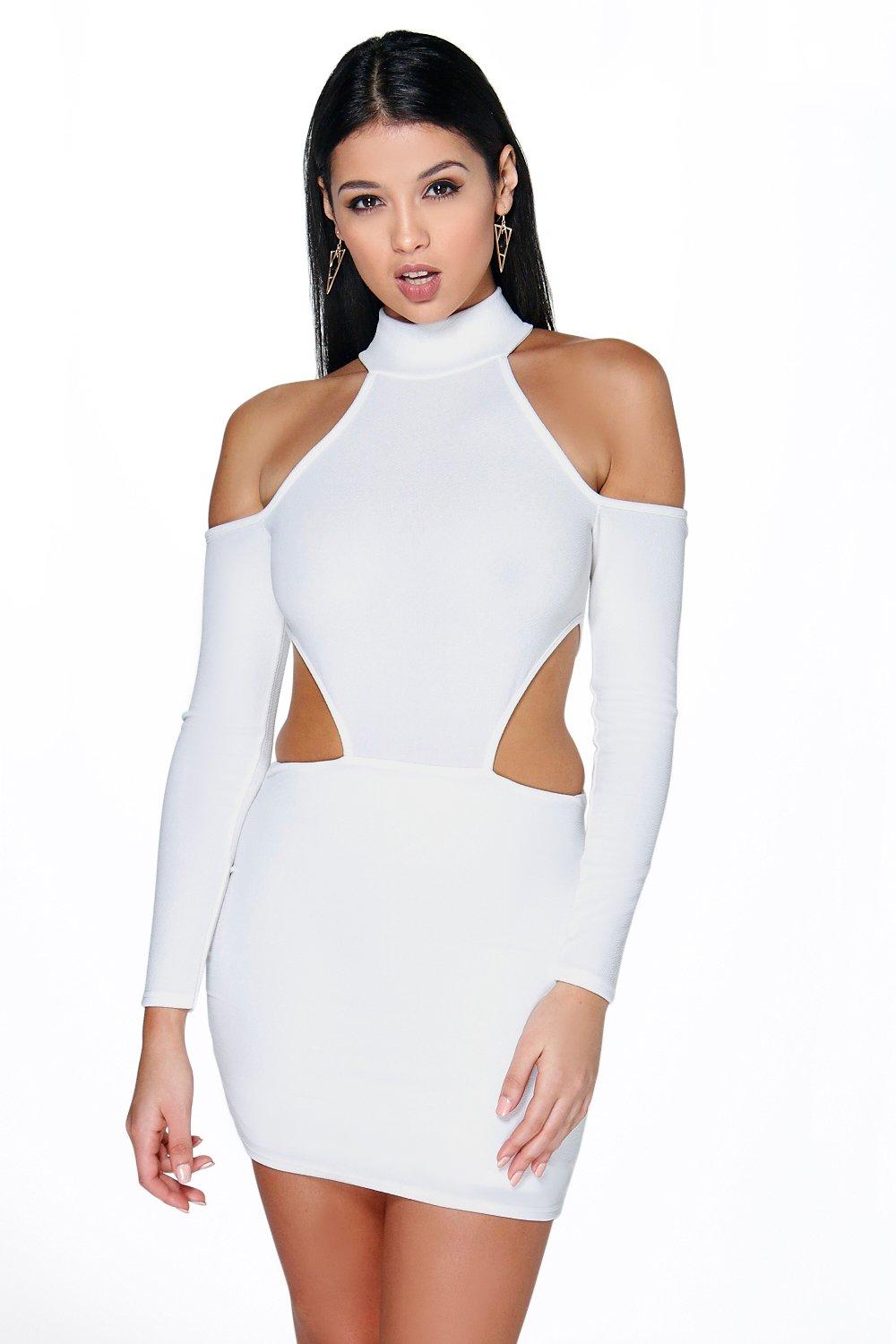 high neck off shoulder dress