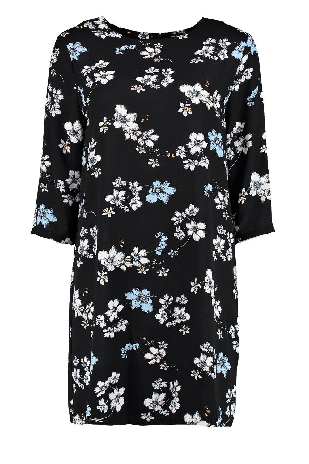 Boohoo Womens Lucia Floral Print 3/4 Sleeve Shift Dress | eBay