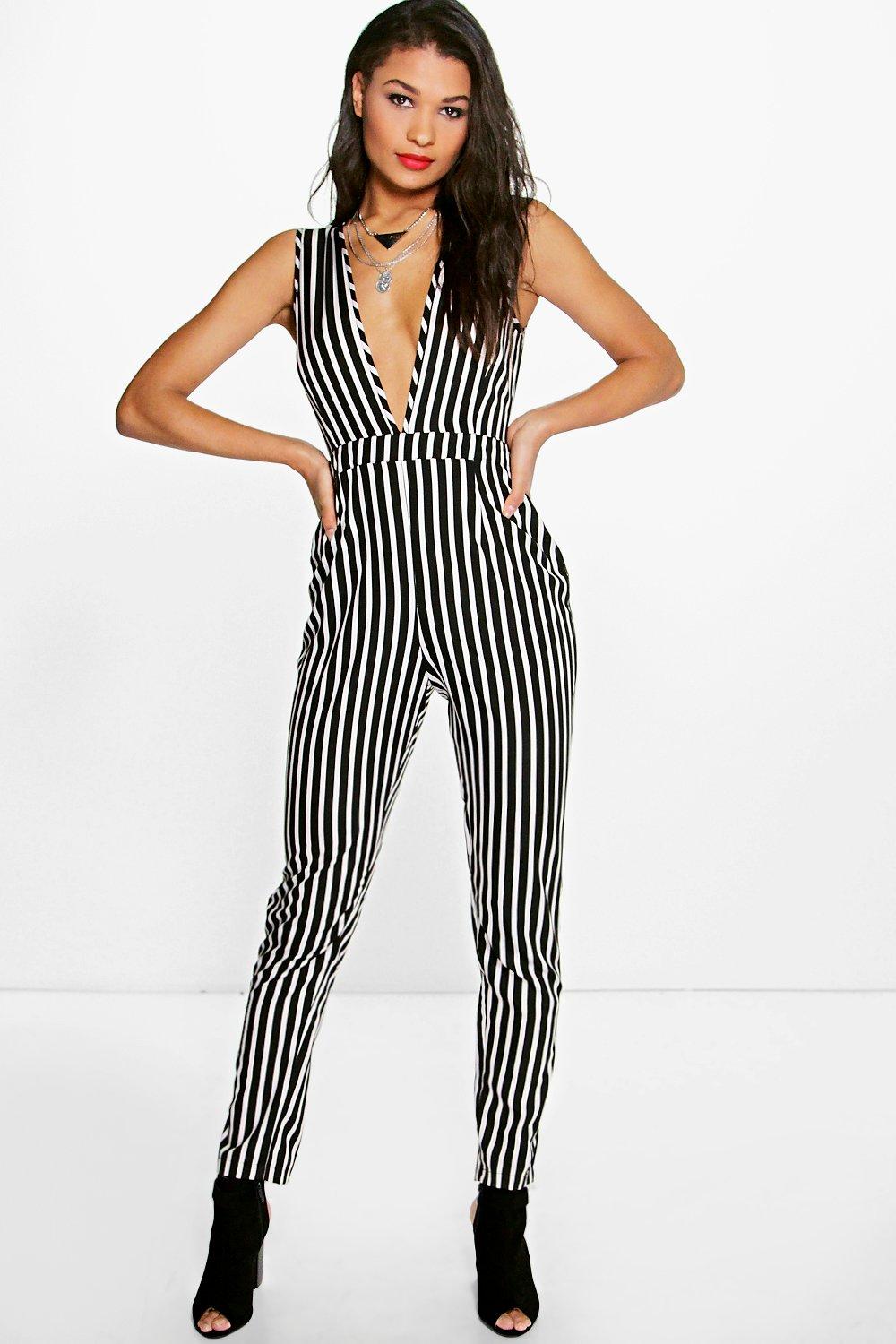 Deep Plunge Striped Jumpsuit | Boohoo