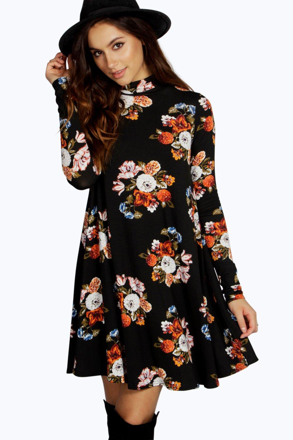 Harriet High Neck Swing Floral Dress | Boohoo