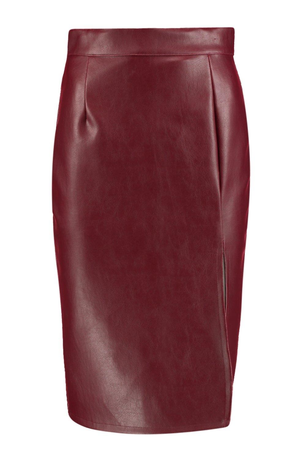 Boohoo Womens Heidi Side Split Leather Look Midi Skirt | eBay