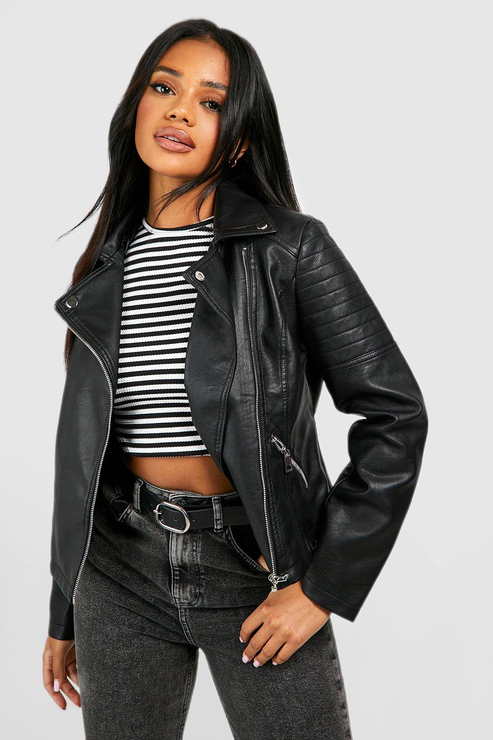 Womens Faux Leather Biker Jacket - Black - S, Black